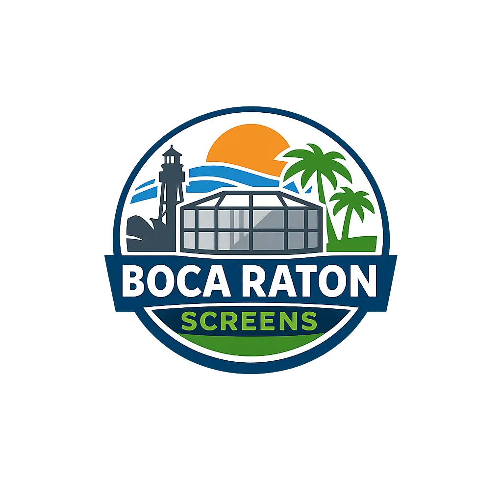 Boca Raton Screens logo with lighthouse, palm trees, sun, and screen enclosure icon